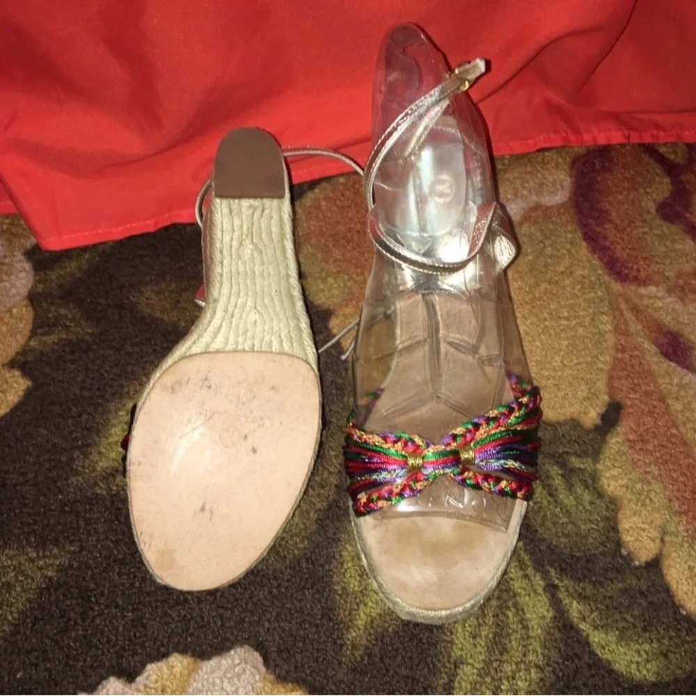 Cole Haan Multicolor Braided Espadrille Wedge Sandals with Silver Ankle Strap